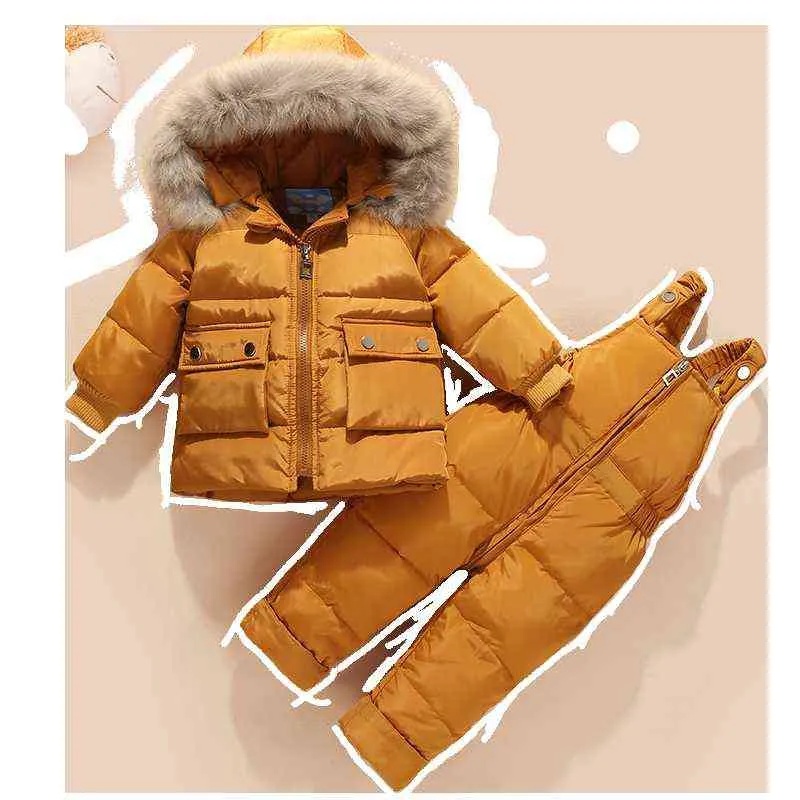 2 stycken Set Baby Girl Clothes Winter Cartoon Children Down Jacket Huven Varma pojke Snowsuit Ski Suit Kläder Set For Babies S 1-3Y J220718