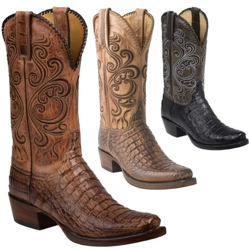3 renkli moda erkek kadın retro işlemeli kovboy pu batı kare ayak parmağı botları artı 3448 220720