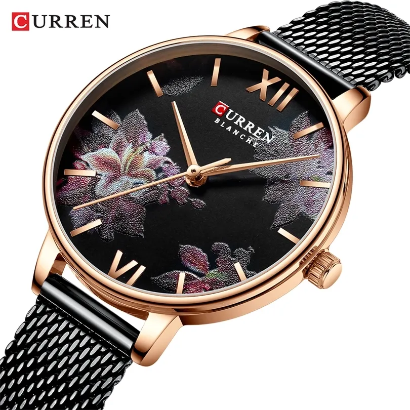 Curren Nieuwe Ladies Flower Watches Dames roestvrijstalen armband polshorloge Women's Fashion Quartz Clock Reloj Mujer Casual 201114