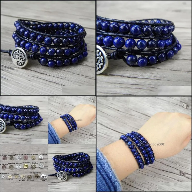 Tennis Navy Blue Beads Bracelet Boho Leather Wrap Lapis Lazuli Yoga Jewelry Natural Stone1