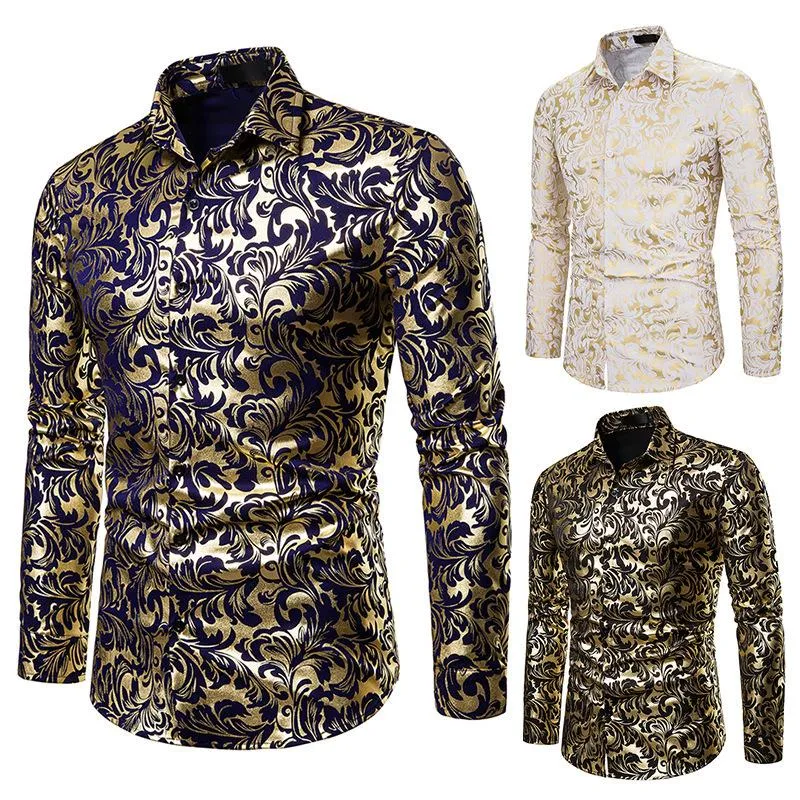 Mäns Casual Shirts Guld glänsande tryckklänning Lyxig design Slim Fit Button Down Snygg Skjorta Män Bröllopsfest Bankettkemis
