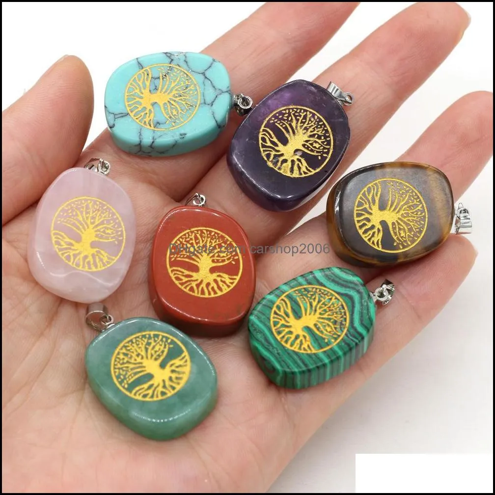 Pendant Necklaces Chakra Reiki Healing Semi-Precious Stone Charms Tree Of Life Pattern Pendants Amet Crystal Meditation Dhseller2010 Dhcnz