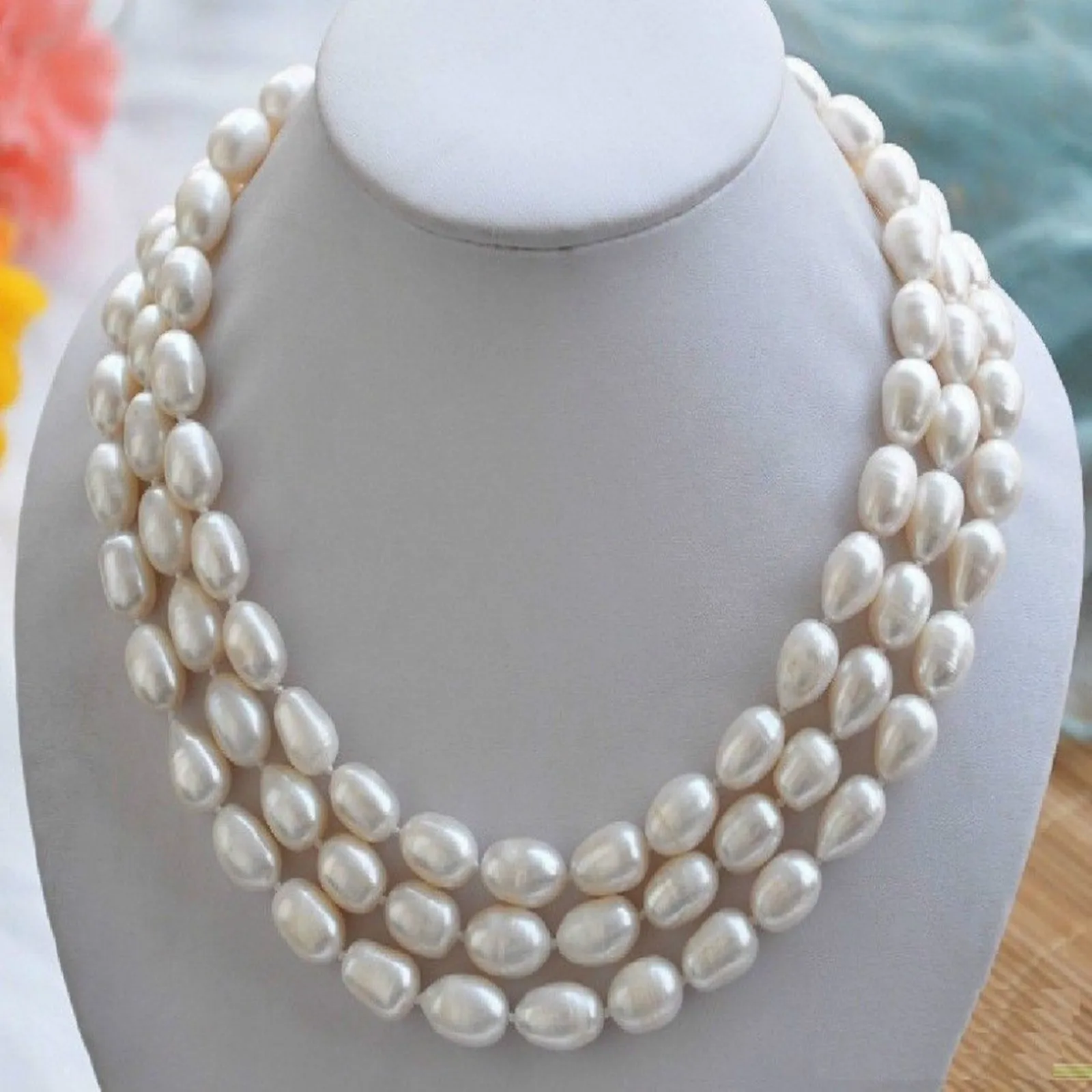 Ręcznie wiązany naszyjnik naturalny 8-9mm biały słodkowodny ryż perłowy łańcuszek do swetra prawie owalny perłowy 48 cali