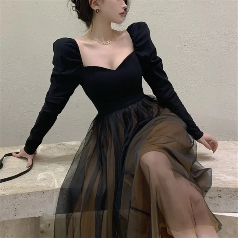 Black Elegant Skirt Suit Women Winter France Vintage Set Woman 2 Pieces Chic Korea Y2k Blouse + Gauze Party Midi 220322