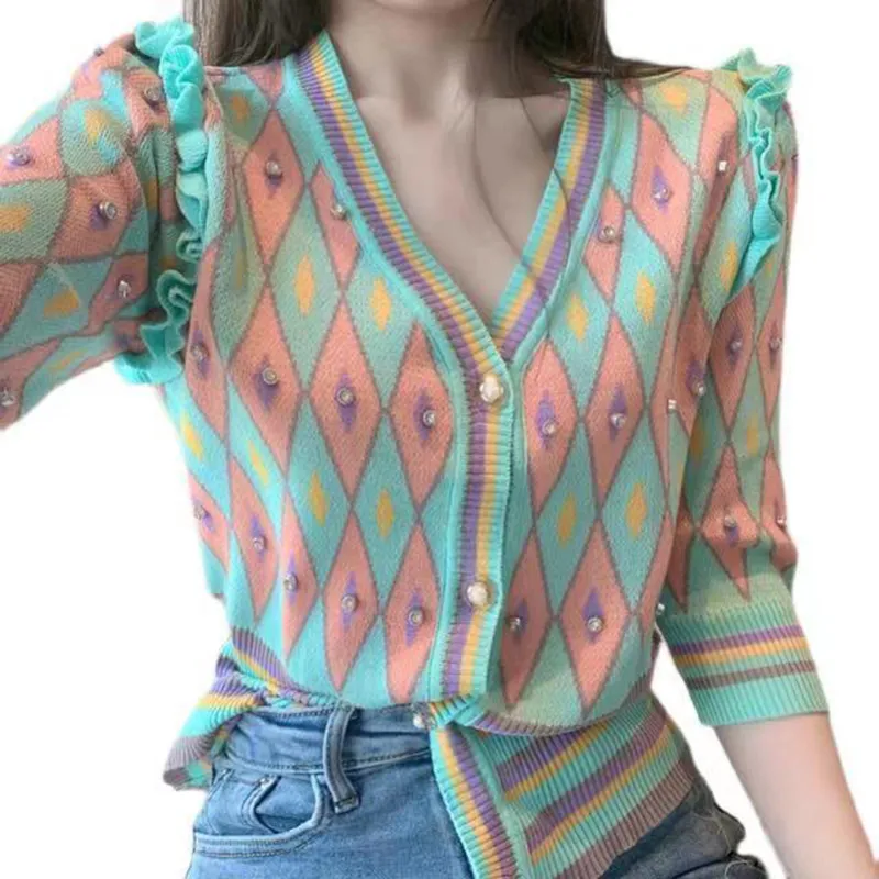 Patchwork Algyle rayas perla botón cuello en V cárdigan de punto coreano primavera caliente Vintage elegante dulce Casual mujer suéter