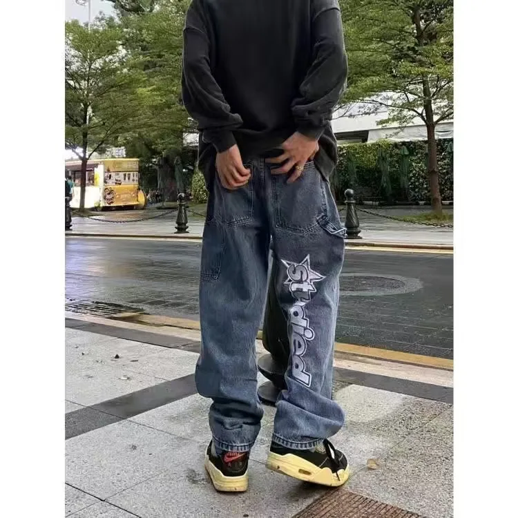 DHgate.com:Y2K Embroidered Denim Jeans: Stylish Wide-Leg