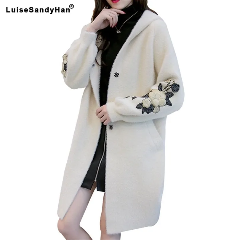 New Women Long Outwear Faux Pur Coat Winter de outono com peito bordado com penteado bordado de peito único