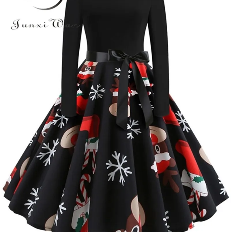 Winter Christmas Dresses Women 50S 60S Vintage Robe Swing Pinup Elegant Party Dress Long Sleeve Casual Print Black 220613