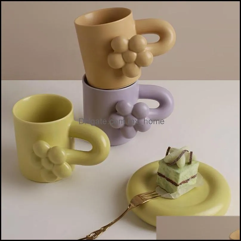 Mugs Drinkware Kitchen Dining Bar Home Garden Cute Flower Coffee Mug With Saucer Milk Tea Ceramic Cup Nordic Style Creative DHO2G