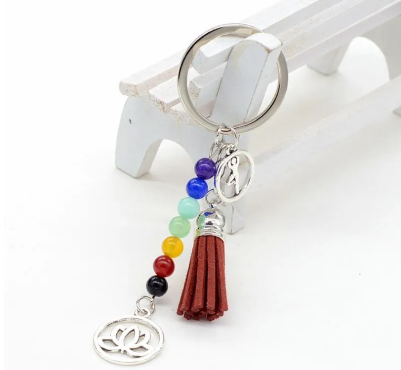 Seven Chakra Stone Tassel Keychain Pendant Lotus Reiki Healing Yoga Natural Gemstone Beaded Key Chain Creative Keyring