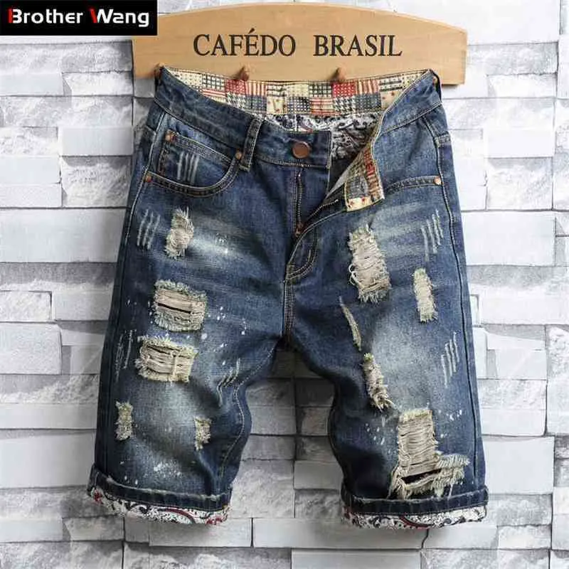 Mens Hole Denim Shorts Summer Moda Casual Slim Fit Rapped Retro Jeans Short Male Male 210322