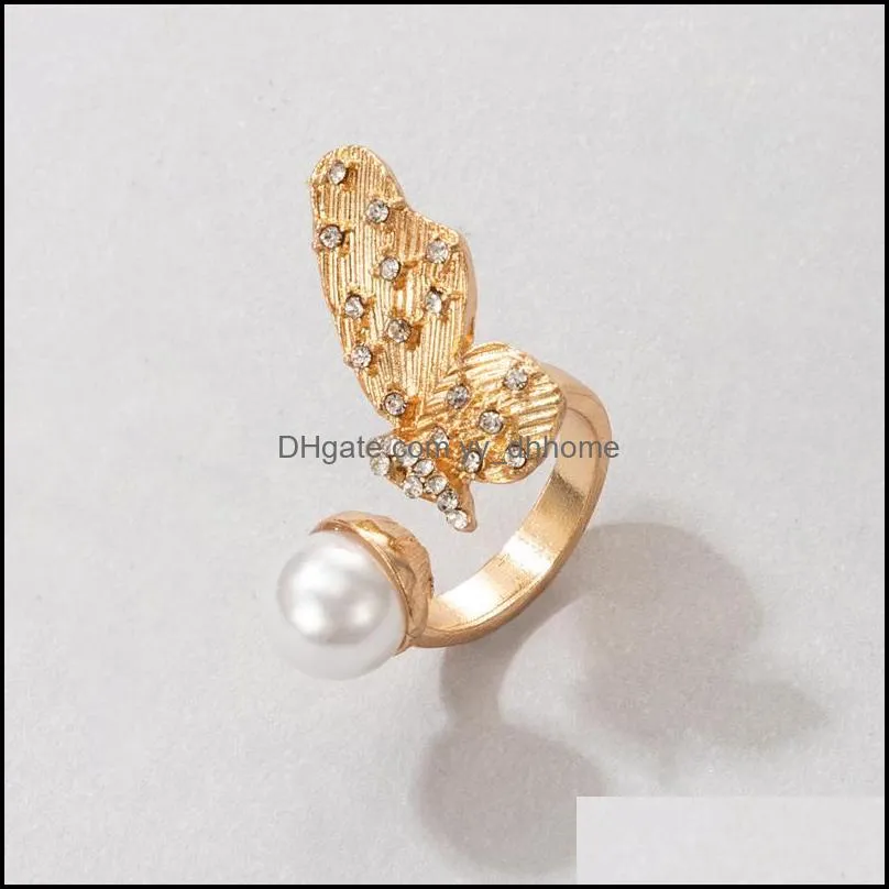 pretty butterfly wings gold ring for women elegant pearl stone alloy metal wedding opening ring jewelry