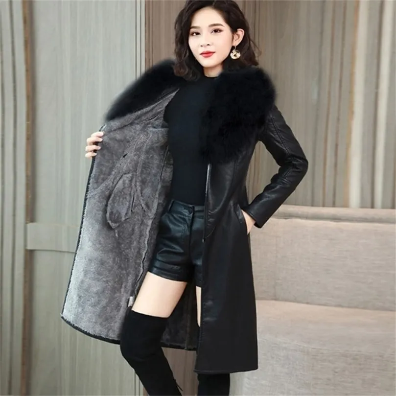 Women's Winter Faux Fur Collar Leather Loose Coats Women's Slim Collect waist plus-size velvet thick Leather jacket 201224