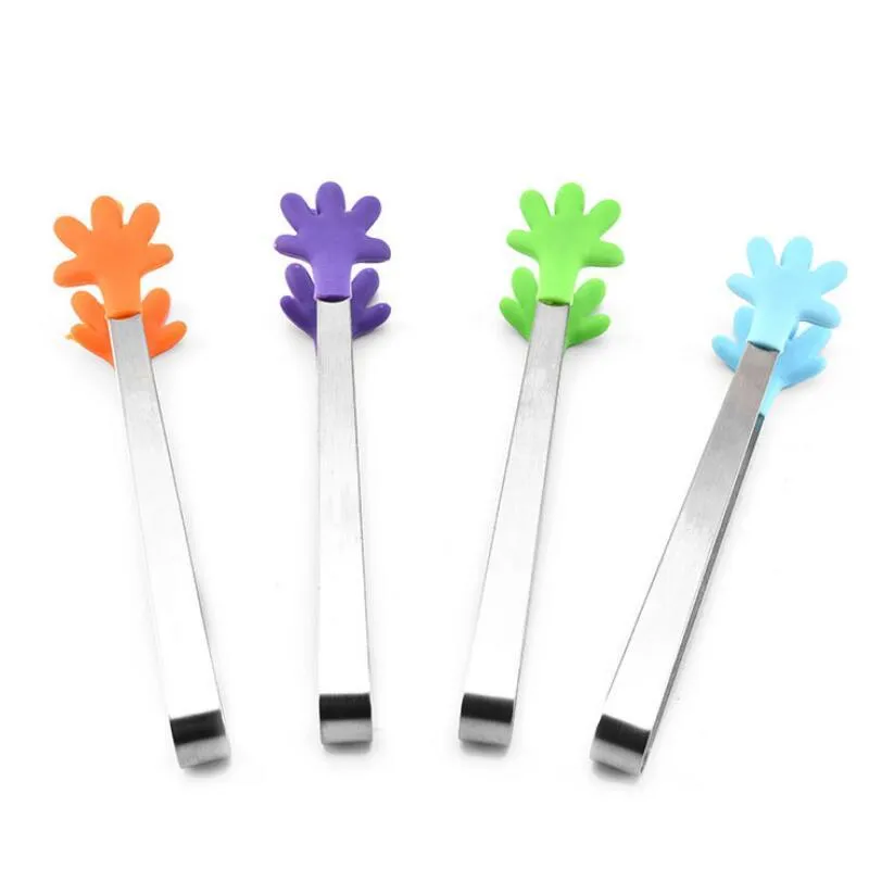 Cute Creative Small Silicone Clip Non Slip Stainless Steel Mini Food Ice Square Suger BBQ Tongs Clips Kitchen Products