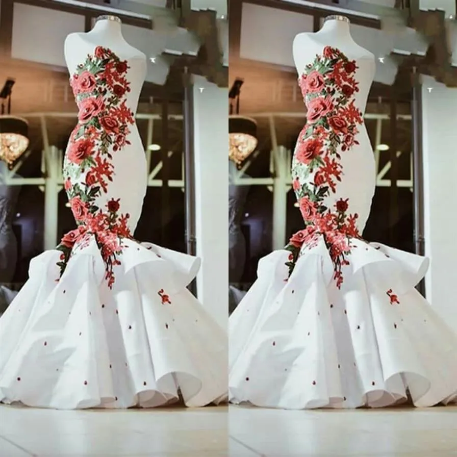 chinese dress ladies Red Flower White Lace Trumpet Floor Length Evening Casual Bridal Dress