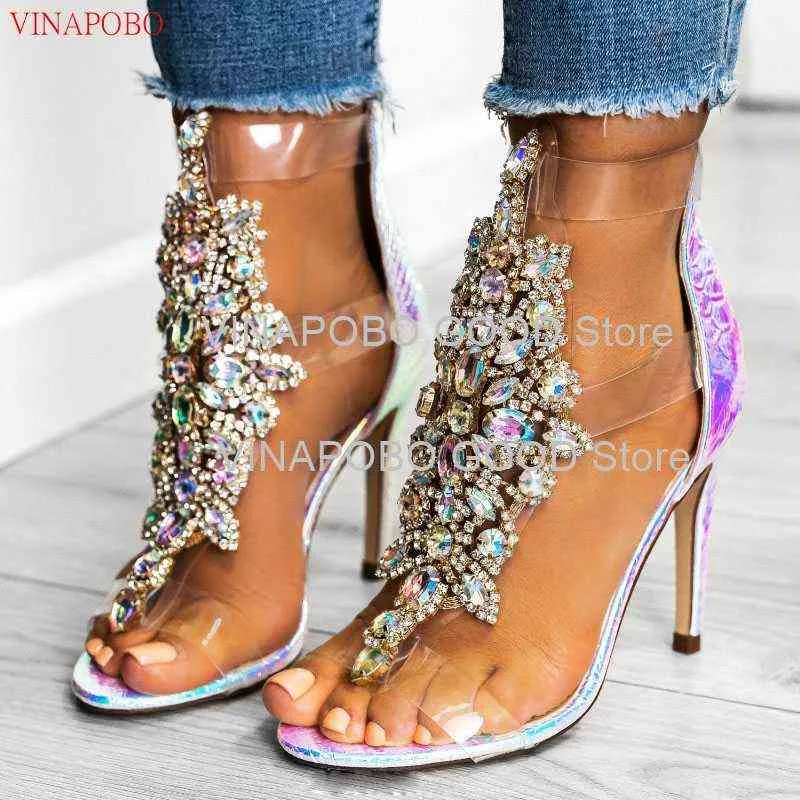 Sandali di cristallo estivi da donna sandali peep toe sottili tacchi alti da donna cerniera femminile sexy strass stiletto scarpe da damigella d'onore220513