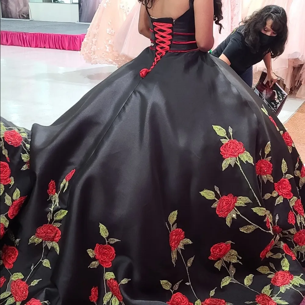 Flower Embroidered SatIN quinceanera dress with Charro Neckline - Mexican Style Party Prom Gown for 16 Girls, Puffy Black SatIN Floral V-Neck - Flower Embroidered SatIN quinceanera dress with Charro Neckline - Mexican Style Party Prom Gown for 16 Girls, Puffy Black SatIN Floral V-Neck -