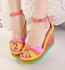 Designer-2012-5 azul naranja Peep-Toe Summer Rainbow Rayas Alta Plataforma Cuñas 3 colores