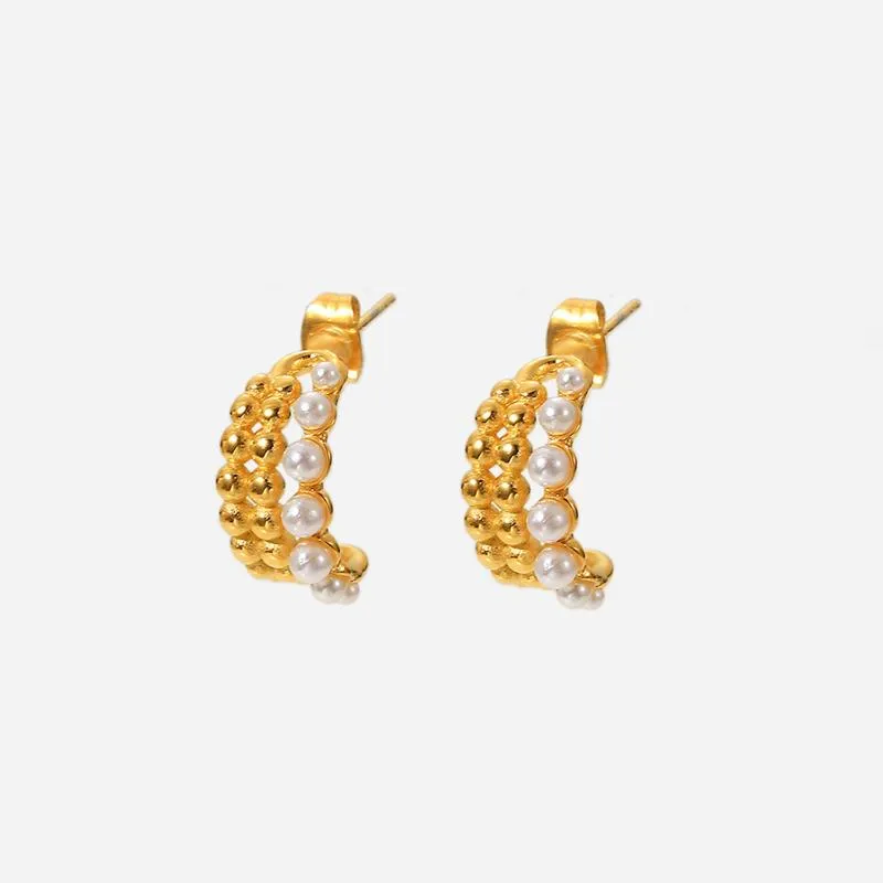 Hoop & Huggie Waterproof 18K Gold Plated Bead Pearl Earring Geometric Stainless Steel Triple Layer Mini Earrings For Women