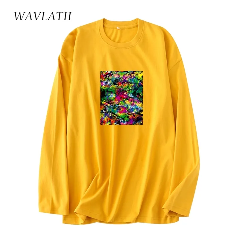 Wavlatii Женщины мода O-образное с длинным рукавом Tees Женщины желтые абстрактные печатные повседневные весенние рубашки Tops WLT2125 220511