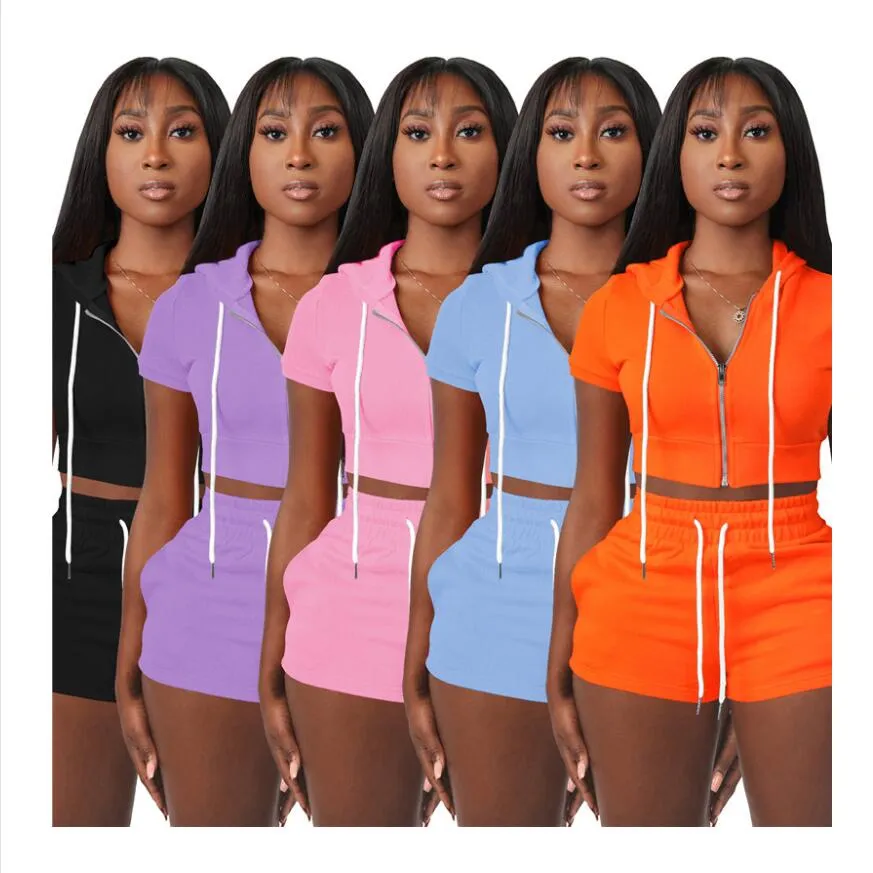 XS Wholesale Women Outfits Summer Tracksuits Short Sleeve Hooded Jacket+shorts Two Piece Sets Solid Jogger suits Matching Set 7244