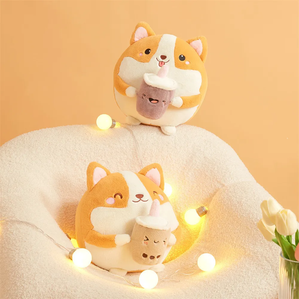 30cm kawaii shiba inu segurando leite chá de pelúcia brinquedo macio de desenho animado para cães de cachorro travesseiro de travesseiro de dormir boneca de garotas dos namorados
