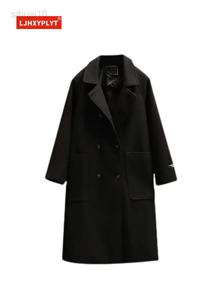 Lång lös ull svart kostym jacka kvinnors höst vinter retro enkel pendlare över knäet långärmad trenchrock kvinnlig l220725