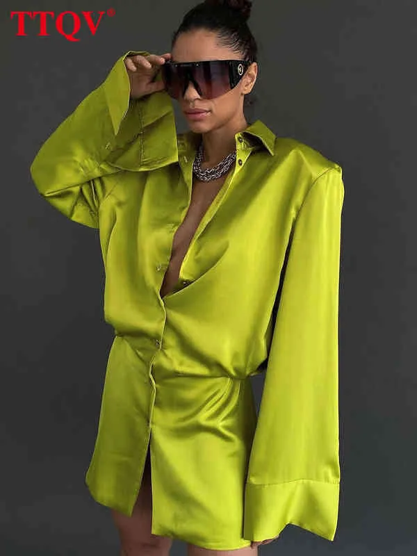 TTQVセクシーなグリーンサテンドレスレディースファッションラペル長袖ドレスエレガントなシックなシングルブレストパーティードレス女性のためのT220804