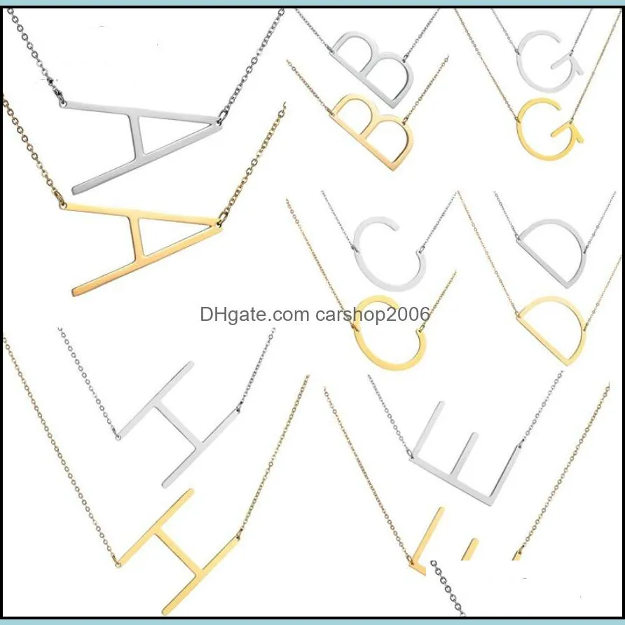 Fashion Sideways Personalized A-Z English Letter Name Pendent Necklace Initial Gold Silver Plated Stainless Steel Necklaces for Women