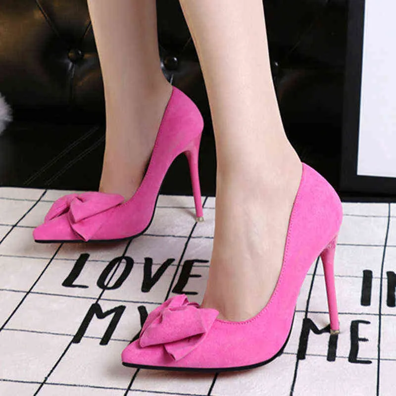 Dress Shoes Fashion Stiletto High Heeled 11cm Bow Women s Pointed Pumps Heels Sexy Suede Shallow Mouth 220425