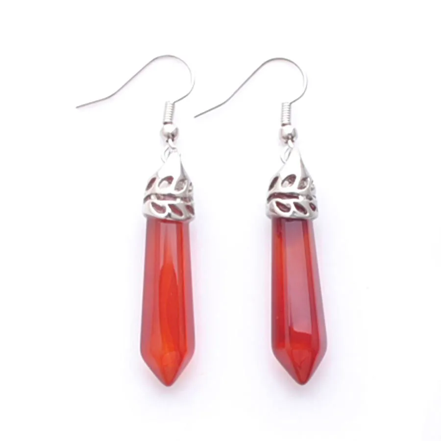 Wojiaer Natural Red Agate Gemstone Dangle Earrings Hexagonal مدببة reiki chakra الخرز للنساء المجوهرات R3064