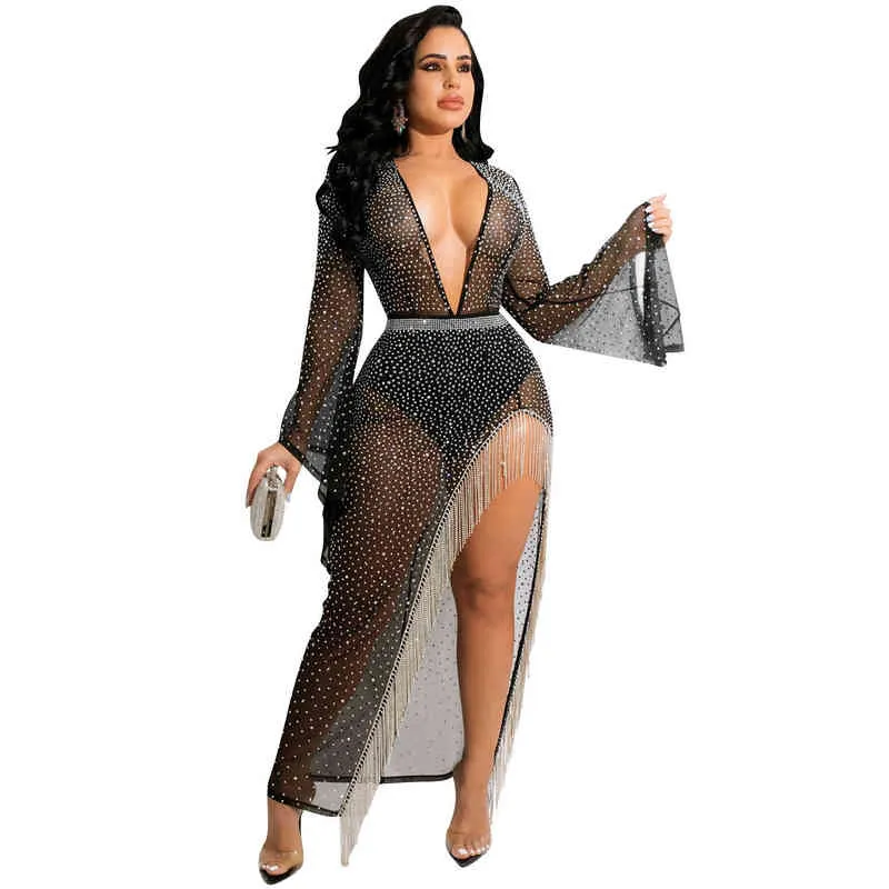 Zocttuo Party Dress Sheer Mesh Kobiety Sukienki Głębokie V-Neck Sexy Tassel Slit Sit Hem Moda Solid Diamenty Długi Rękaw Flare Vestidos Y220401