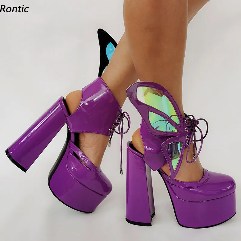 Rontic Handmade Women Platform Sandals Patent Wing Decoration Square Heel Round Toe Gorgeous Purple Red Party Shoes US Size 5-15