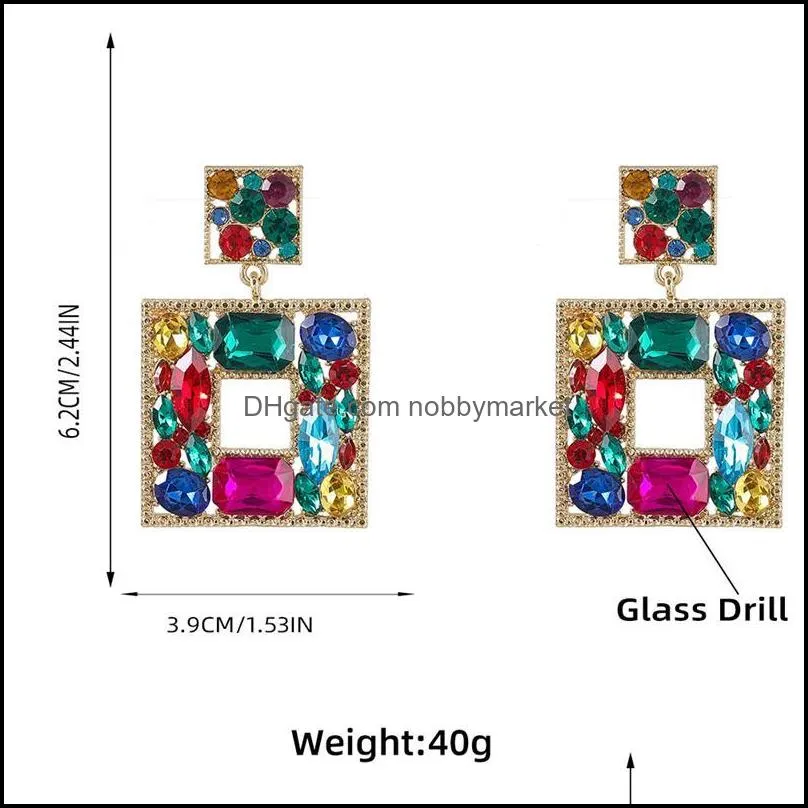 Square Drop Earrings Women Bling Dangles Fashion Designer Colorful Glass Drills Iced Out Jewelry Exaggerated Geometric Big Statement Street Party Earring