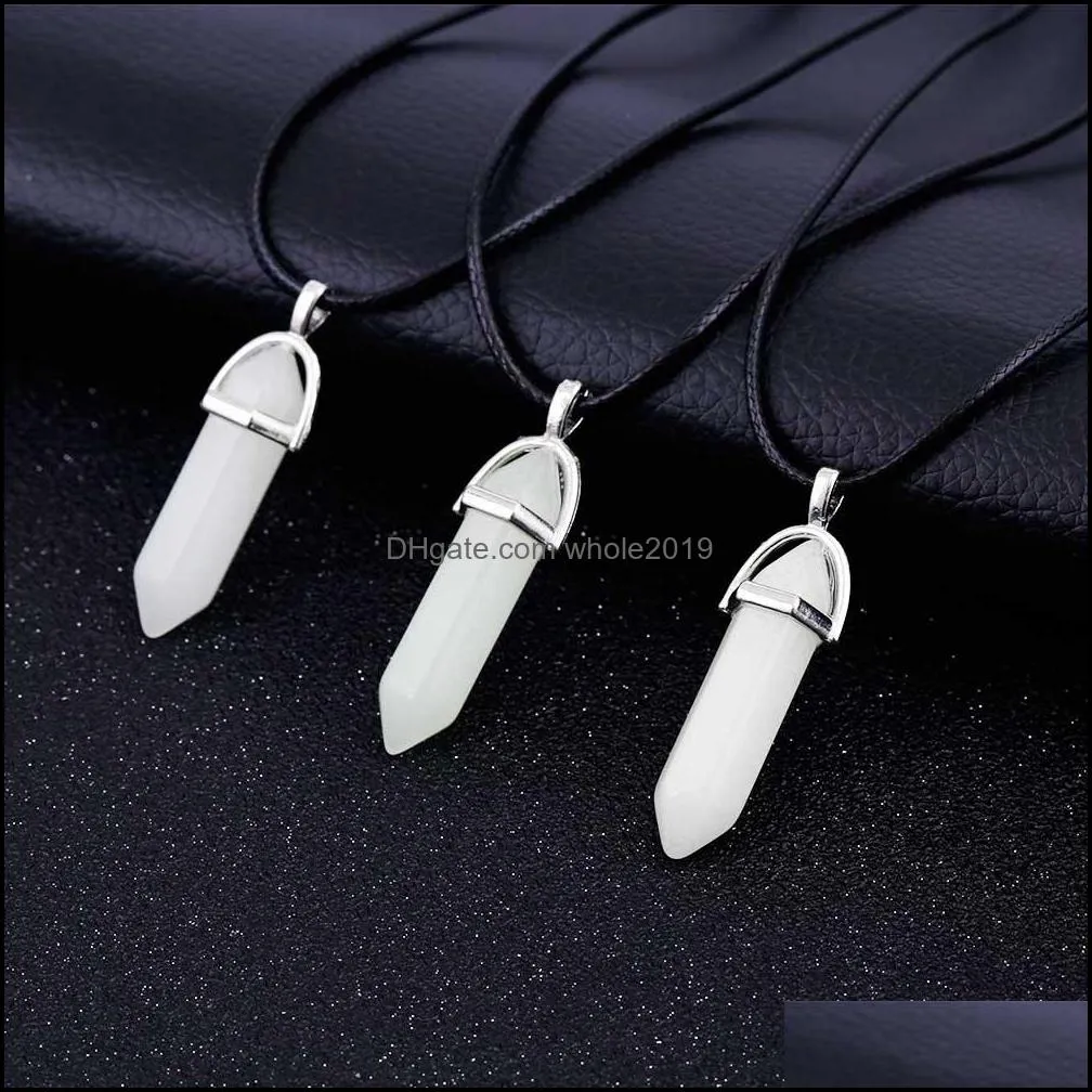 fashion luminous stone fluorescent hexagonal column necklace natural crystal stone pendant leather chains necklace