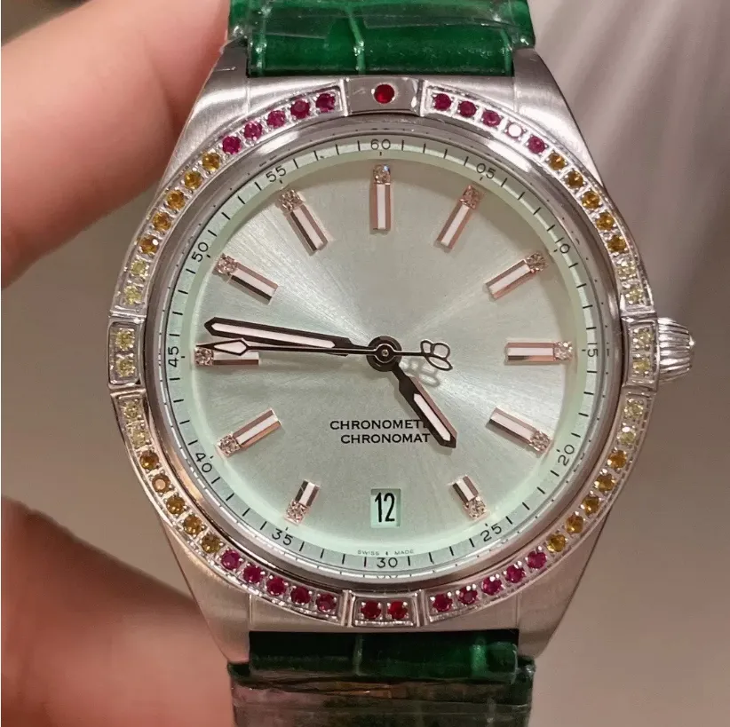 Diametro di orologio da donna elegante 36 mm 2824 movimento meccanico a zaffiro specchio vetro in pelle di diamante multicolore