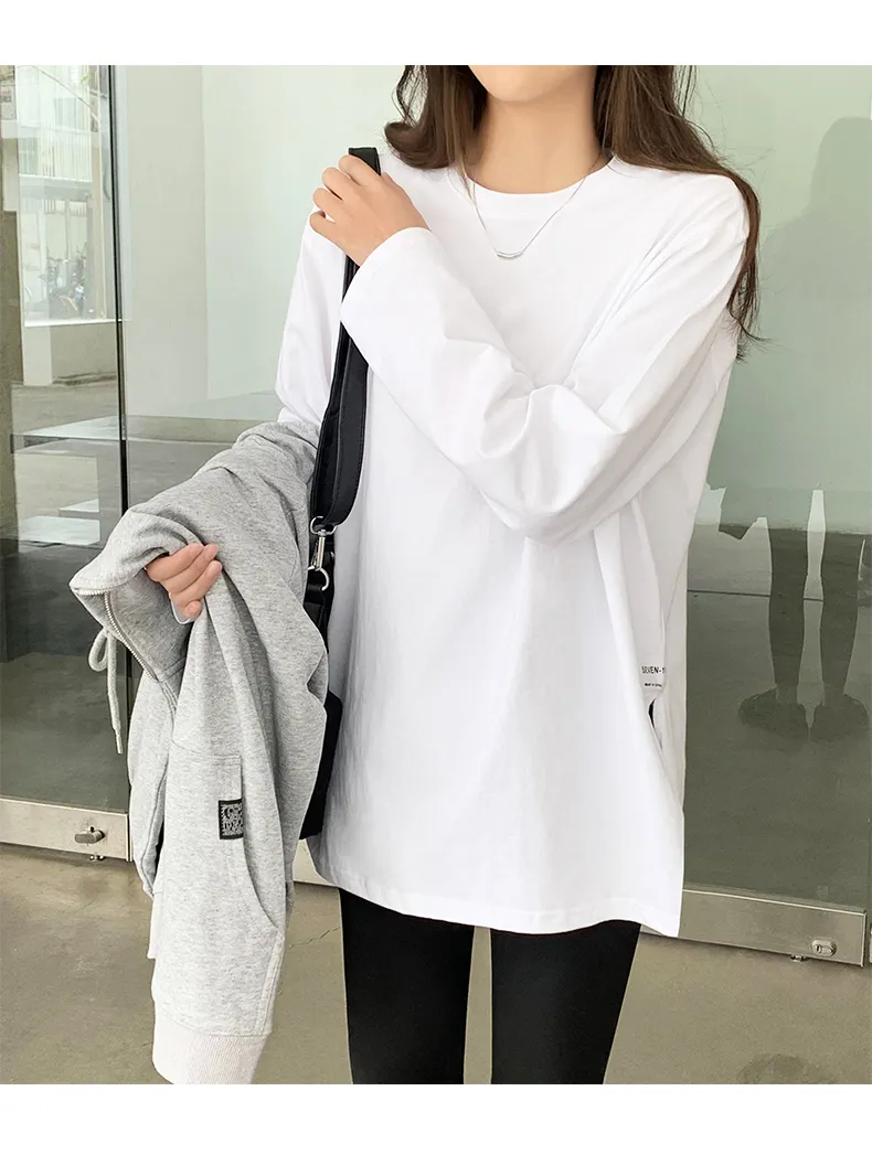 Women's Long Sleeve Tunic Top - Loose Fit Crew Neck, Side Split Hem, Casual Blouse (White, XX-Large)