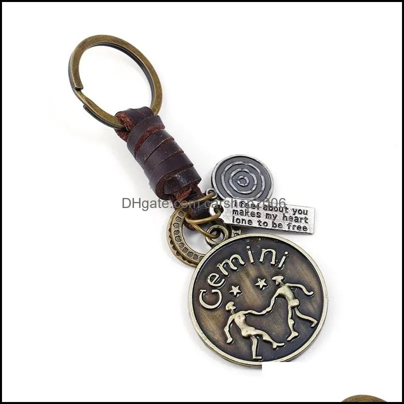 Zodiac Sign Keychains for Men Women Genuine Real Leather 12 Constellations Vintage Gold Color Metal Alloy Keyring Car Key Chain Holder