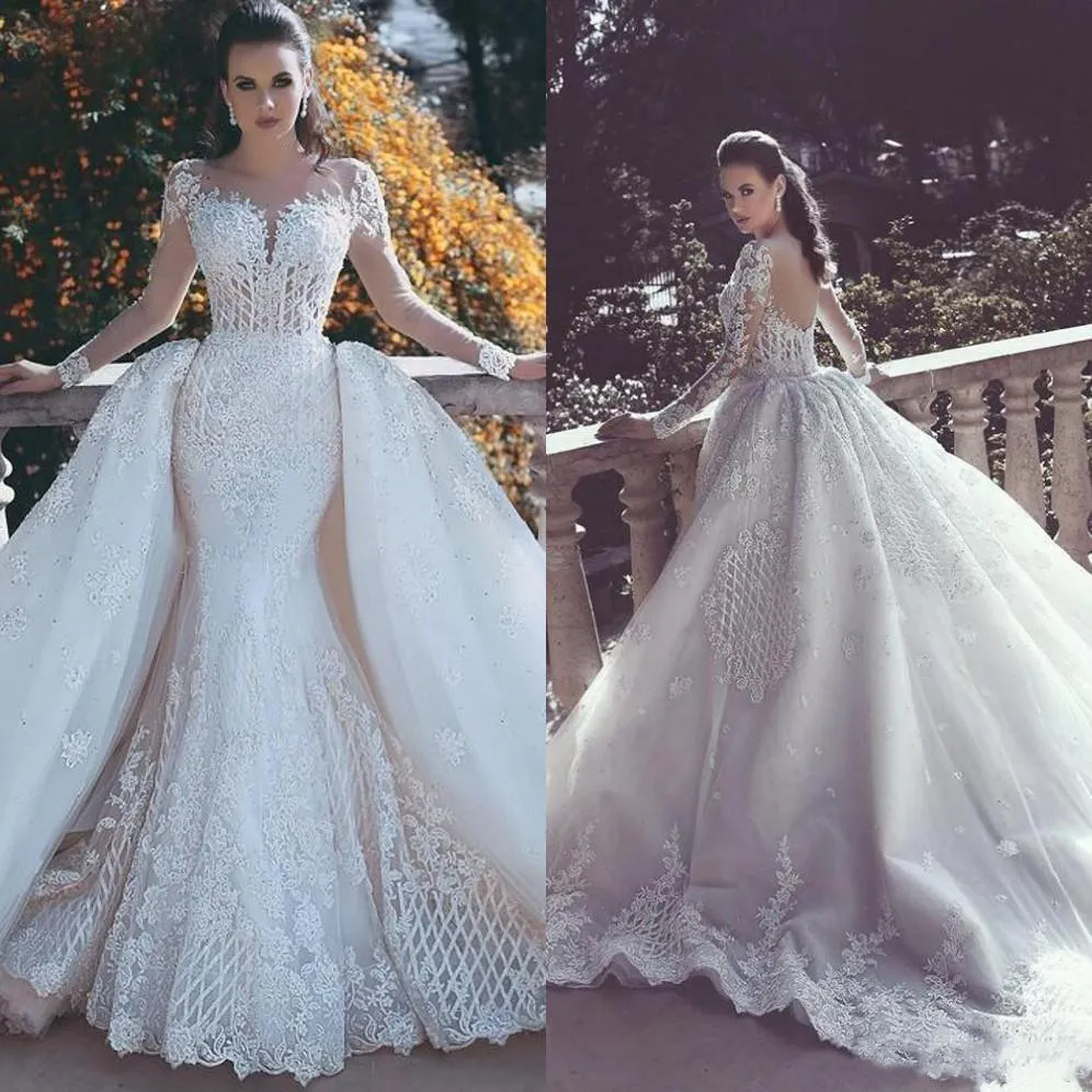 2022 Nieuwe Zeemeermin Kant Trouwjurken met afneembare trein Sheer Neck Long Mouwen Beaded Overskirt Dubai Arabische bruidsjurken