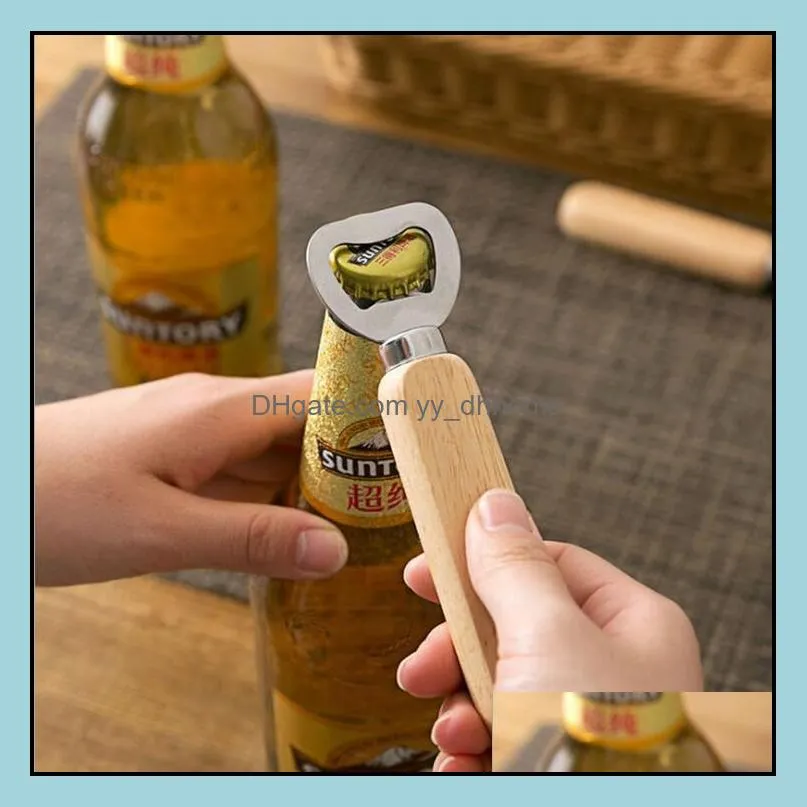 stainless steel bar opener tools kitchen wooden handle bottles openers soda beer bottle cap gifts lxl578