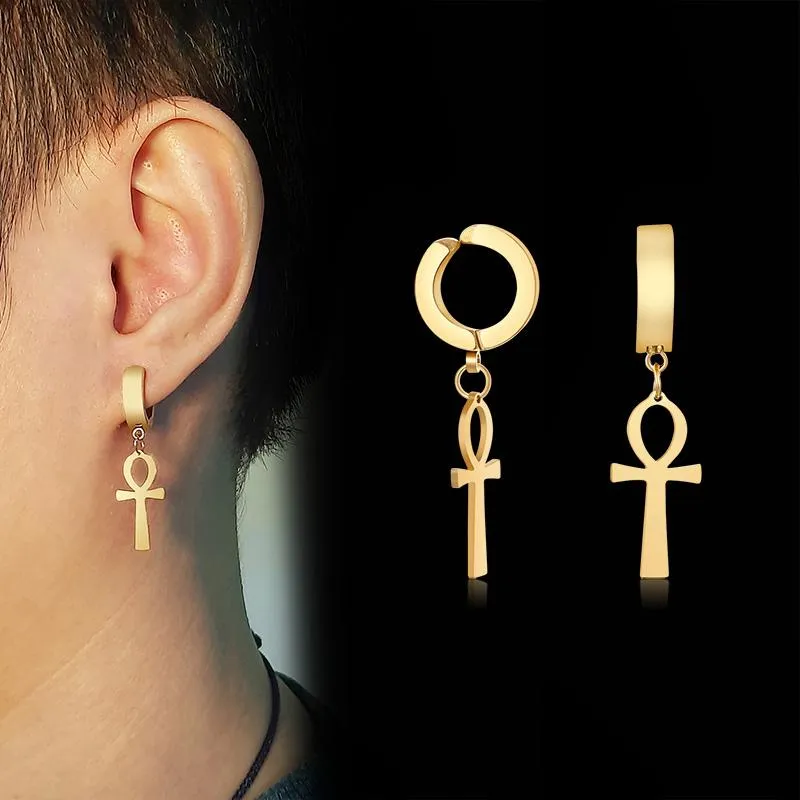 Stud Clip On Non Piercing Men's Drop Cross Earrings Stainless Steel Egyptian Ankh Dangle Punk Jewelry