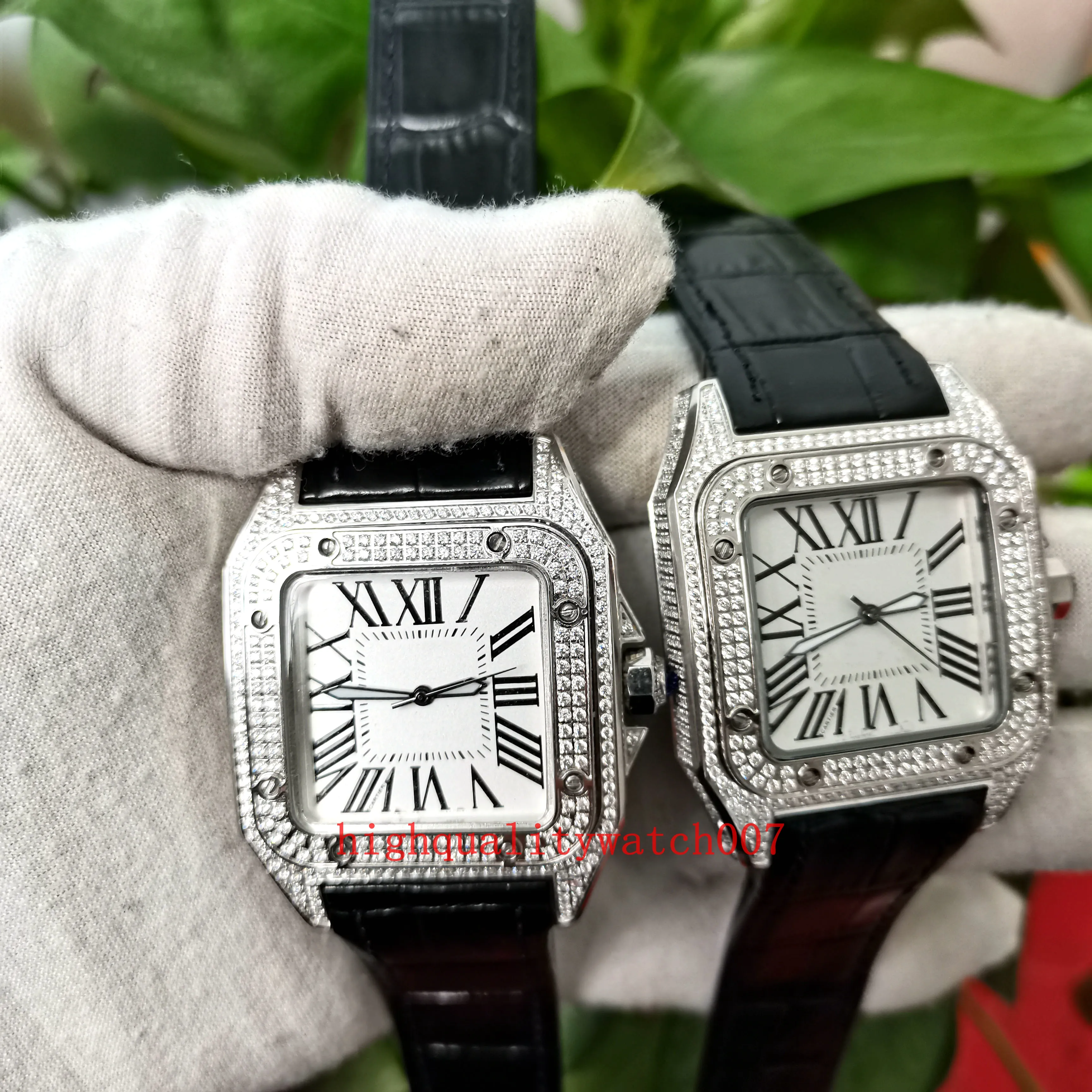 nova versão caixa fina relógios masculinos Eta 2813 Movimento Mostrador Branco Completo Diamante Pulseira de Couro Pulseiras Relógios Mens Automáticos
