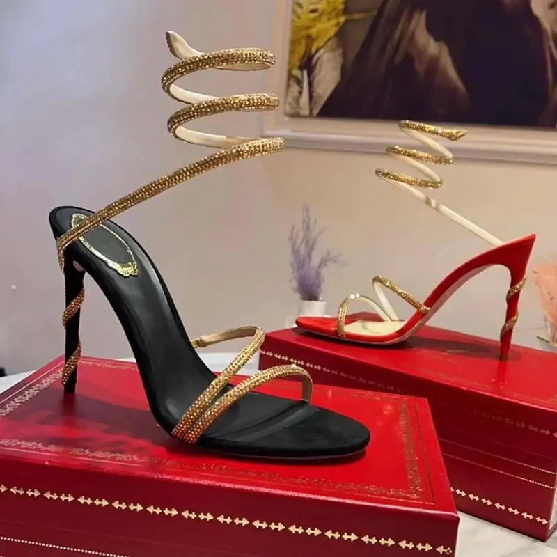 Stiletto hiel sandalen Rene Caovilla Cleo Crystal bezaaid slang stras enkel wrapping jurk schoenen ontwerpers 9,5 cm hoge hakken strass Rege Rome dames sandaal