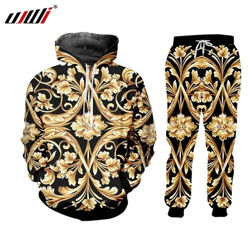 UJWI Marke 3D-Druck Männer Zweiteiler Set Gold Blume Luxus Royal Barock Trainingsanzug Jacke Sweatsuit Sweatshirt Hoodies Sport 201210