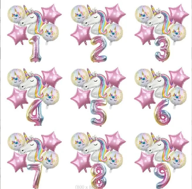 Rainbow Unicorn Balloon 32 tums nummerfolie Ballonger 1: e barn Unicorn Tema Födelsedagsfest dekorationer Baby Shower Globos GC855