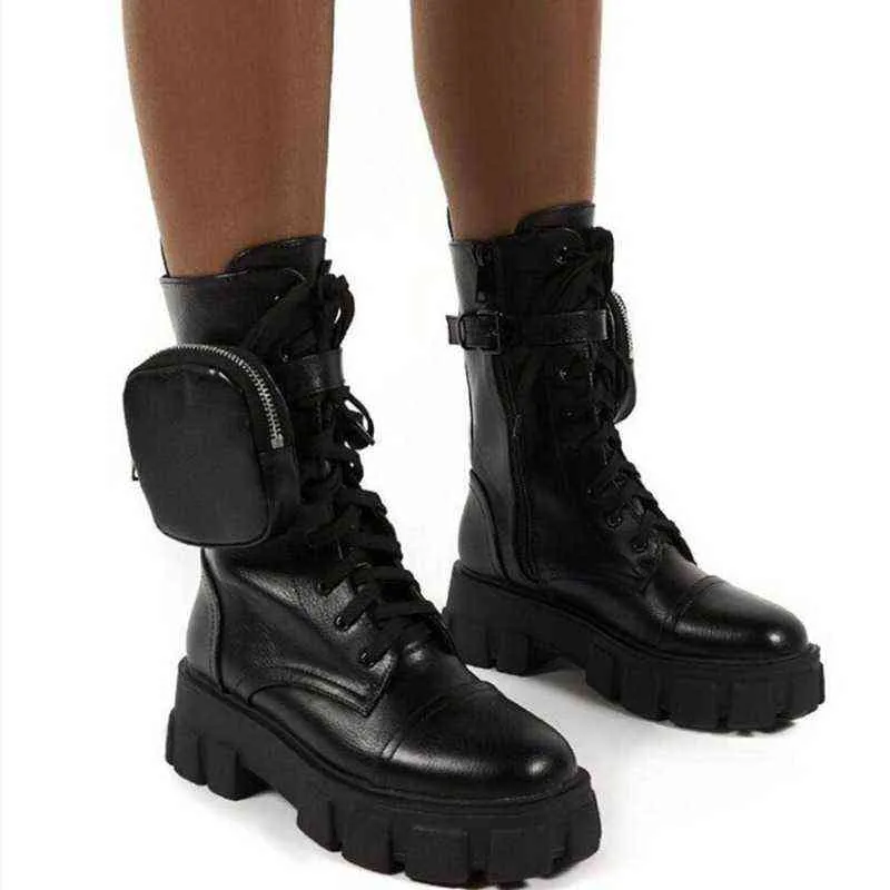 Vrouwen dikke bodem verhoogde platform punk laarzen met portemonnee tassen militaire motorfiets boot bota's altas mujer dames 2021 nieuwe y220729