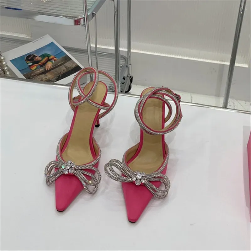 Women Trendy High-heeled Sandals Made Of Silk With Crystal Bow Pointed Thin Heel Sandals With Size 34-40