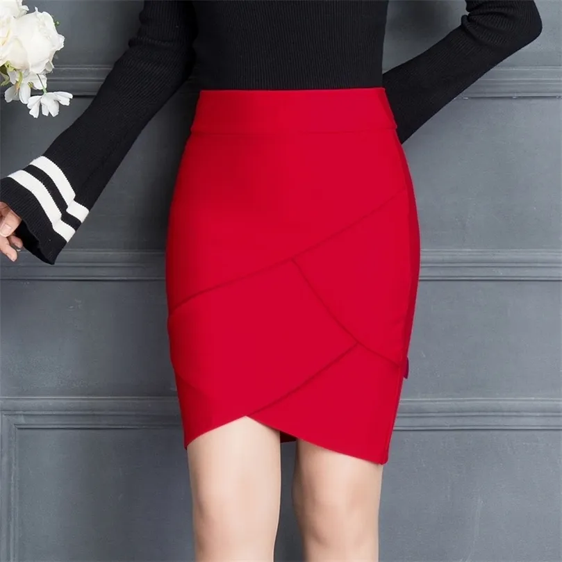 Summer Work Work Skirt moda szczupła marszczona elastyczna pakiet wysokiej talii Hip Spódnica Czarna i czerwona spódnice 210315