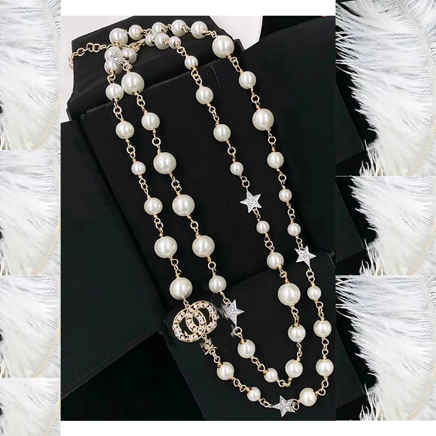 2022 Fashion Necklace Long Pendant Neckor Classic Style Strängar Strängar Elegant Pearl Chain Letter Double Layer Ströja smycken