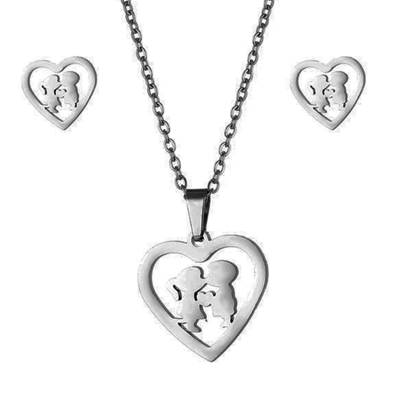 Herzförmige Edelstahl-Accessoires, Kuss-Halskette, Ohrring-Set, Jungen und Mädchen, Liebesanhänger, Schlüsselbeinkette, Paarschmuck